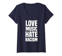 Women's Love Music Hate Racism Love Music Hate Racism V-Neck T-Shirt, Navy Blue, Medium