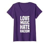 Women's Love Music Hate Racism Love Music Hate Racism V-Neck T-Shirt, Purple, Small