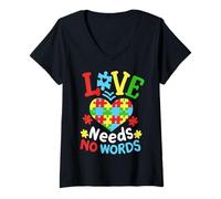 Women's Love Needs No Words Autism Awareness Autistic Pride Month V-Neck T-Shirt