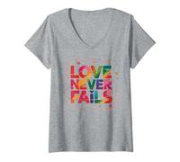 Womens Love Never Fails Coloful Text Graphic V-Neck T-Shirt