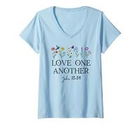 Womens Love One Another Daisy Boho Christian Bible Verse John 13:34 V-Neck T-Shirt