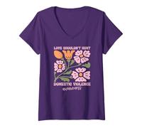 Womens Love Shouldn't Hurt Domestic Violence Awareness Boho Floral V-Neck T-Shirt