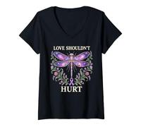 Women's Love Shouldn't Hurt Domestic Violence Awareness Dragonfly V-Neck T-Shirt