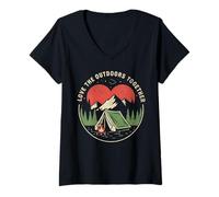 Womens Love The Outdoors Together Camping Tent Fire Mountain V-Neck T-Shirt