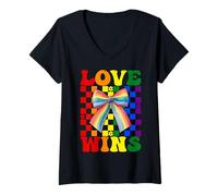 Womens Love Wins Gay Pride Flag LGBTQ Girl Rainbow Coquette Bow V-Neck T-Shirt