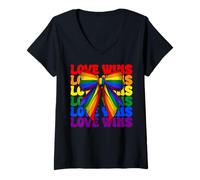 Womens Love Wins Gay Pride Rainbow Flag LGBTQ Girl Coquette Bow V-Neck T-Shirt