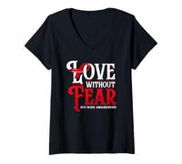 Women's Love Without Fear HIV AIDS Support Ribbon V-Neck T-Shirt