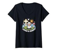 Womens Loved and Guided Cute Christian Lamb Faith Based Design V-Neck T-Shirt