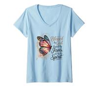Womens Loved by Jesus Butterfly Spiritual Design for Church Event V-Neck T-Shirt