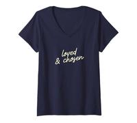 Women's Loved & Chosen Christian Minimalist Faith Script V-Neck T-Shirt