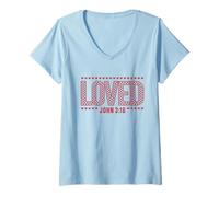 Women's Loved John 3:16 Christian Bible Verse Hearts Checkered V-Neck T-Shirt
