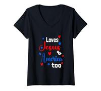 Womens Loves Jesus and America Too God Christian 4th of July 2023 V-Neck T-Shirt