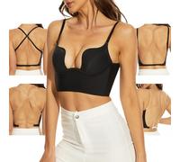 Women's Low Back Wire Lifting Deep U-Shaped Backless Bra with Convertible Transparent Straps, black, 36C