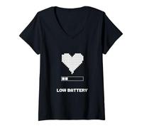 Women's Low Battery Pixel Heart Funny Gamer Lazy Day Design V-Neck T-Shirt