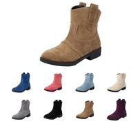 Womens Low Block Heel Boots Womens Pull On Boots Slip On Winter Bootie Wide Calf Autumn Bootie Wide Fit Mid Calf Boot Solid Colour Frosted Boot Chunky Low-Heeled Booties Fashion Ankle Booties