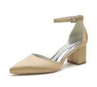 Women's Low Block Heel Dress Shoes Pointed Toe Office Work Church Pumps Chunky Ankle Strap Wedding Bridal Shoes,Champagne,9 UK