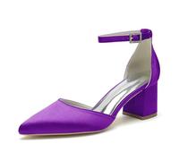 Women's Low Block Heel Dress Shoes Pointed Toe Office Work Church Pumps Chunky Ankle Strap Wedding Bridal Shoes,Dark Purple,7 UK