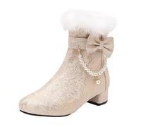 Women's Low Block Heeled Booties Ladies Ankle Boots Side Zipper Faux Fur Warm Winter Boot with Trim Pearls Chain & Cute Bow Comfortable Trendy Versatile Proms Shoes Ankle Boots Footwear for Women UK