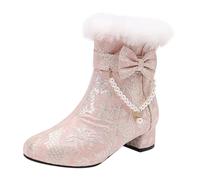 Women's Low Block Heeled Booties Ladies Ankle Boots Side Zipper Faux Fur Warm Winter Boot with Trim Pearls Chain & Cute Bow Comfortable Trendy Versatile Proms Shoes Ankle Boots Footwear for Women UK