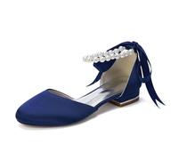 Womens Low Chunky Heel Bridal Shoes Elegant Satin Wedding Pumps with Pearl Anklet and Bow Back Satin Dress Shoes for Evening Party Prom 2.5cm Dark Blue