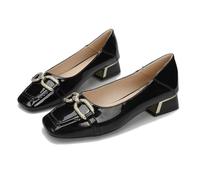 Women's Low Cut Square Toe High Heels with Chunky Heel and Rhinestones Waterproof Patent Leather Comfort Ideal for Wedding Brides Black