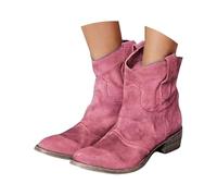 Womens Low Heel Boots Wide Fit Womens Western Boots Mid Calf Lightweight Comfortable Boot Retro Suede Boot Autumn V Neck Booties Chunky Block Winter Booties Pull On Dress Bootie