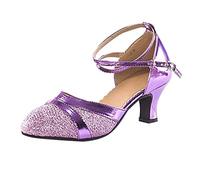 Women's Low Heel Dress Shoes with Strap, Pointed Toe Kitten Heel Pumps for Ballroom & Latin Dance, Sequined Slip-On Court Shoes for Women, Salsa Party Wedding Evening Shoe (Purple,6.5)
