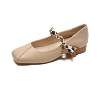 Women's Low-Heel Mary Janes Square-Toe Casual Leather PU Shoes for Dresses Comfortable and Lightweight Brown