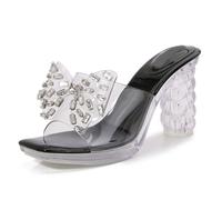 Women's Low Heel Sandals with Crystal Bow - Wedding & Evening Party Shoes - for Night Club, Prom & Cocktail Parties,Black,4 UK
