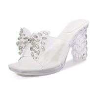 Women's Low Heel Sandals with Crystal Bow - Wedding & Evening Party Shoes - for Night Club, Prom & Cocktail Parties,White,4.5 UK