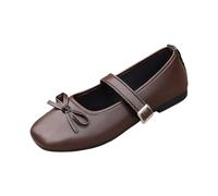 Women's Low-Heel Square-Toe Bow-Adorned Mary Jane Flat Shoes with Adjustable Buckle Strap Faux Leather Breathable Non-Slip Walking Shoes Lightweight Comfortable Casual Footwear Size 4 Brown