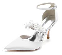Women's Low Heel Wedding Shoes, Pointed Toe Flats, Satin Ankle Strap Dress Shoes, Bridal Ballet Flats, Special Occasion Pumps,B,39