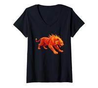 Women's Low Poly Fiery Tiger Geometric Roaring Power V-Neck T-Shirt