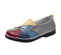 Women's Low Shoes with Coloured Patchwork, Non-Slip Slip-On Leather Shoes - Closed Round Toe Moccasins - Soft Rubber Sole Leisure Sandals - Loafers Leather Shoes for Women, Ygrey1, 6