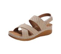 Women's Low Wedge Sandals Cross Strap Perforated Touch Fastening Summer Comfort Walking Shoes Open Toe Footwear Khaki