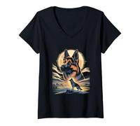 Women's Loyal German Shepherd Under Moon Night V-Neck T-Shirt