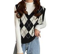 Women's Lozenge Print V Neck Crop Sweater Vest Sleeveless Jumper Knit Pullover Tank Top Knitted Sweater Vest Deep V Neck Checkered Plaid Pattern Elegant Casual Pullover Knitwear Black