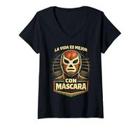 Women's Lucha Libre Luchador La Vida ES Mejor Con Mascara V-Neck T-Shirt