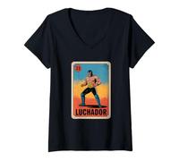 Womens Luchador Lucha Libre Mexican Wrestling Bingo Card V-Neck T-Shirt