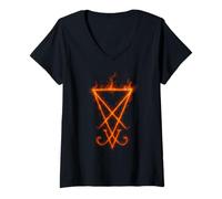Womens Lucifer Sigil - Seal of Satan - Lucifer's Seal Flames V-Neck T-Shirt