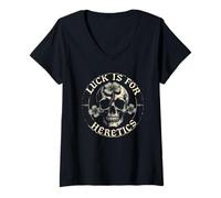 Women's Luck is for Heretics Christian Skull Art V-Neck T-Shirt