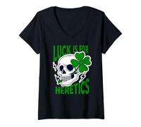 Women's Luck is for Heretics Proverbs 16:33 St. Patricks Day Skull V-Neck T-Shirt