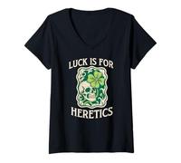 Women's Luck is for Heretics Proverbs 16:33 St. Patricks Day Skull V-Neck T-Shirt