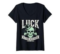 Women's Luck is for Heretics Skeleton St Patricks Day V-Neck T-Shirt
