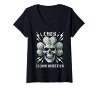 Women's Luck is for Heretics Skull Shamrock Gothic Wargaming Gamer V-Neck T-Shirt