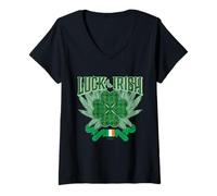 Womens Luck of The Irish St Patricks Day Four Leaf Clover Celtic V-Neck T-Shirt
