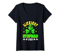 Women's Luckiest Stepdad Ever Patrick's Day Shamrocks Funny Women V-Neck T-Shirt