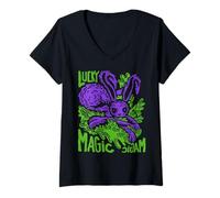 Womens LUCKY AND MAGIC. PURPLE RABBIT ILLUSTRATION V-Neck T-Shirt