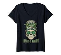 Women's Lucky and Unruly Patricks Day Skull Messy Bun Leopard V-Neck T-Shirt