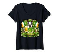 Women's Lucky Boston Terrier St Patrick’s Day Green Beer Shamrock V-Neck T-Shirt
